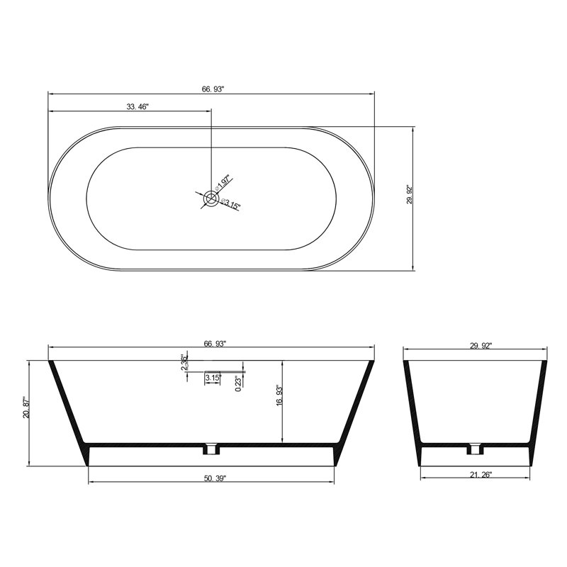 67.19 In. X 29.79 In. Solid Surface Freestanding Soaking Flatbottom Bathtub In Matte White