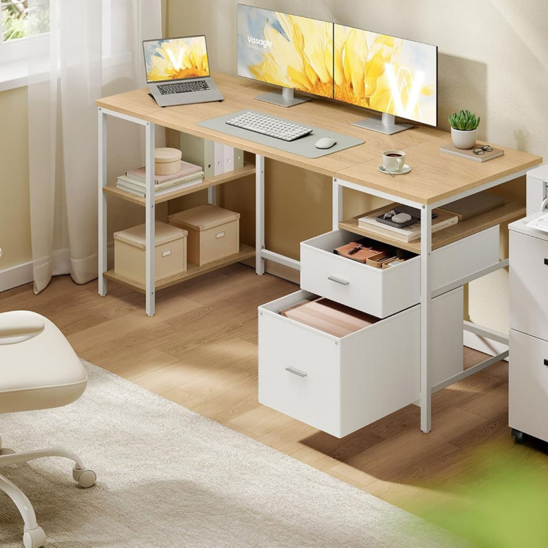 MDF Steel Computer Desk, Beige/White