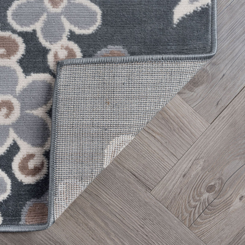 Tapis gris à motif floral Moyo, Tapis de couloir 2 pi 3 po x 7 pi 3 po