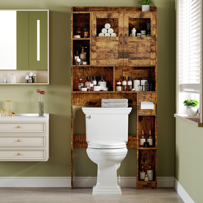 Armoire de rangement au-dessus de la toilette 67,4 po Farmer, organisateur de salle de bain autoportant avec tablettes réglables et porte vitrée