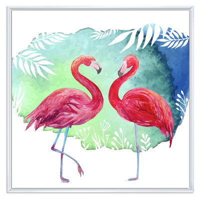 Deux flamants roses sur fond bleu - reproduction d'art sur toile traditionnelle