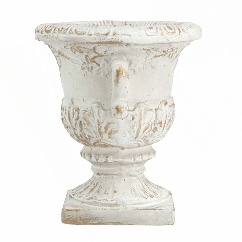 Pot à fleurs 9,4 x 9,4 x 10,6 po avec finition blanche vieillie et accents dorés