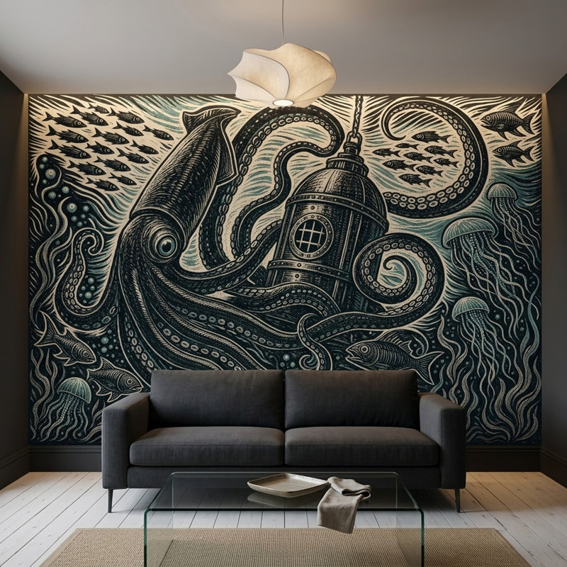 Papier peint sous-marin, pieuvre, casque de plongée, fresque murale, 140"x108", Non-Woven Nonpasted