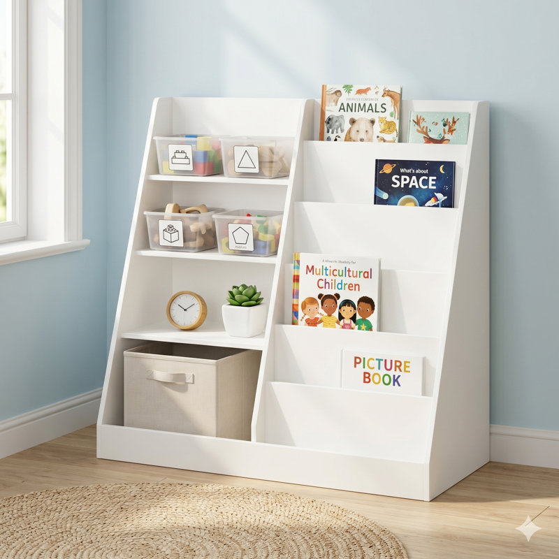 Bibliothèque Velacasa pour tout-petits à 4 niveaux avec casiers de rangement, bibliothèque en bois