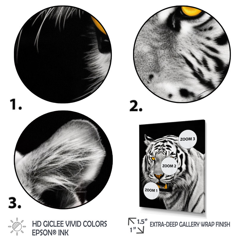 Tigre blanc féroce VI - animaux, art mural, salon, Cadre simple noir, H 32 po x l 16 po x P 1 po