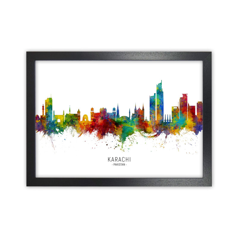Karachi Pakistan Skyline by Michael Tompsett - Print, Black Framed, 64cm H x 88cm W x 3cm D