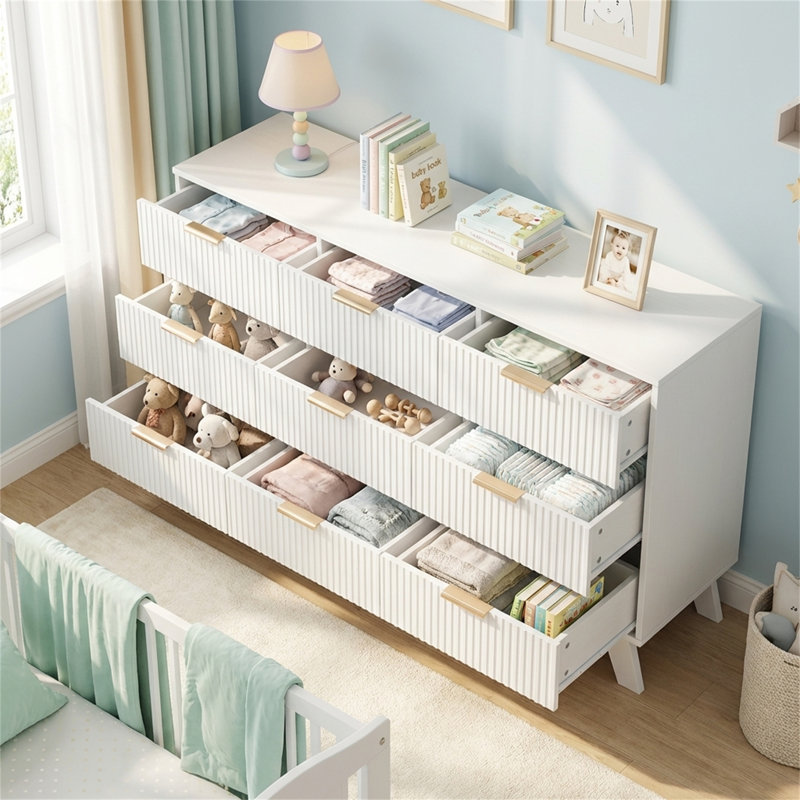 Mid-Century Modern 9-Drawer Fluted Dresser, White