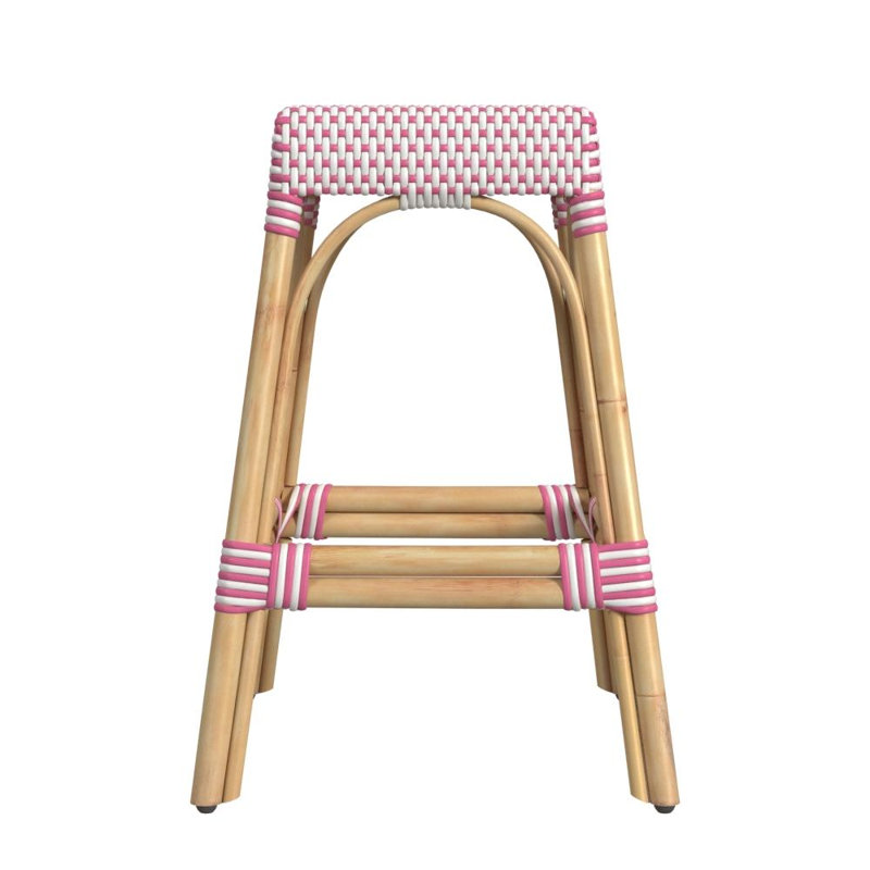 Robias Rattan Bar & Counter Stool, White/Pink Dot/ Natural Rattan Frame, Counter Stool (24.5" Seat Height)