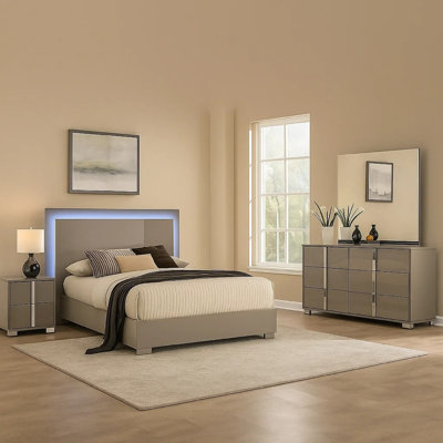 Suni 4Pc Complete Queen Bedroom Set W LED Headboard, Light Taupe Gray