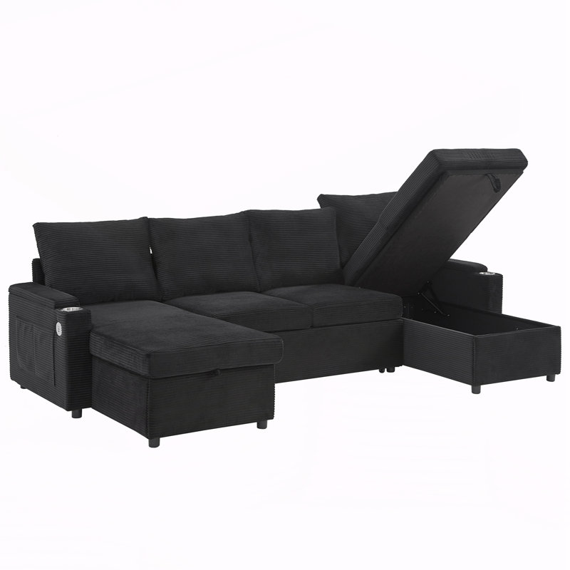 Canapé moderne rembourré avec chaises longues avec rangement, Noir