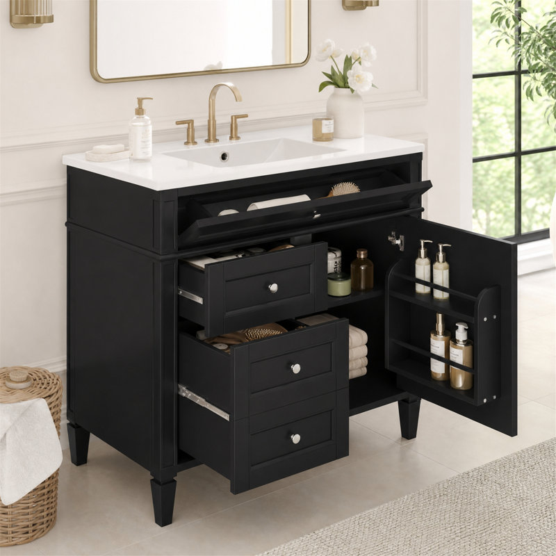 Meuble-lavabo simple de 91 cm (36 po) avec comptoir et rangement multifonctionnel, noir, Noir