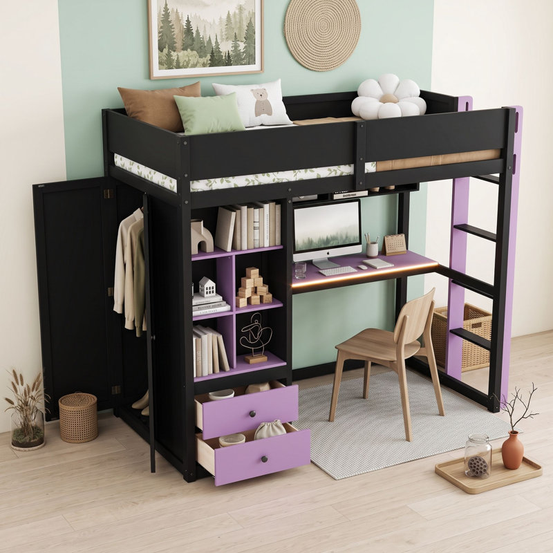 Lit mezzanine en bois avec bureau, armoire, rangement, port USB et éclairage DEL, Lit simple, Mauve / noir