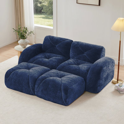 Canapé en forme de U sans os, tissu de velours doux, conception capitonnée, éponge haute densité 32D, aucun assemblage requis, conception ergonomique du bas, conception antidérapante, repose-pieds mobiles pour les chambres à coucher, bleu