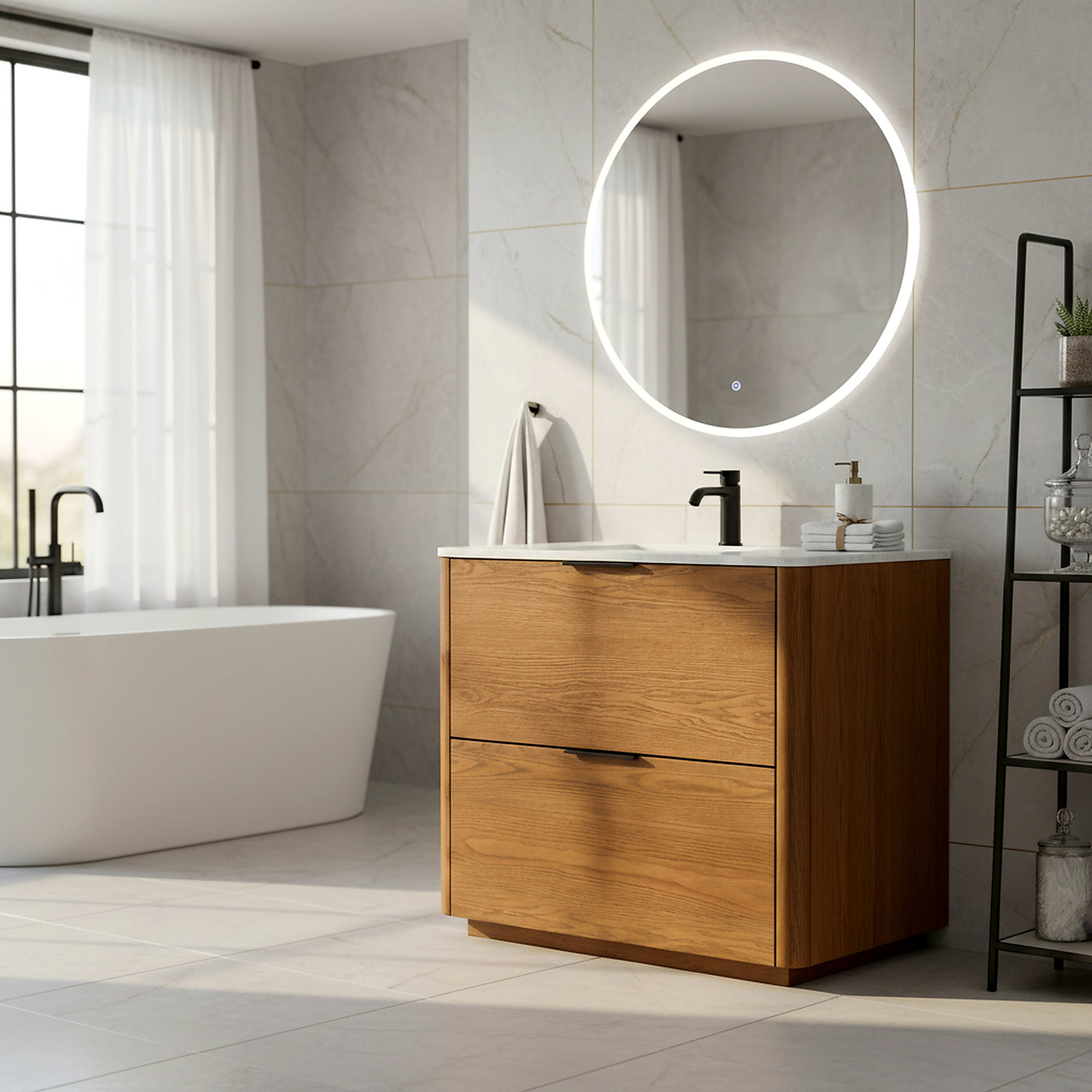 Tahani 36" Genuine Marble Single Bathroom Vanity, Medium Oak