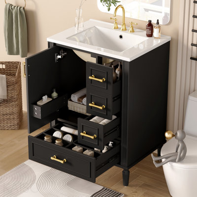  Meuble-lavabo 24 po avec lavabo en céramique et porte à fermeture douce et 3 tiroirs - noir