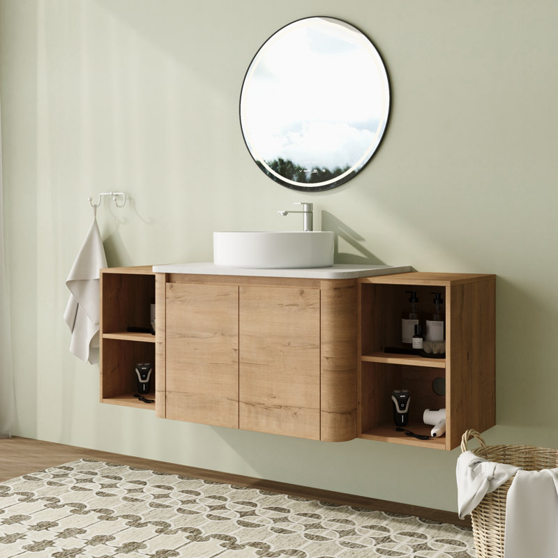 Meuble-lavabo flottant mural 54 po avec comptoir en quartz et portes et tablettes de rangement à fermeture en douceur, Blanc