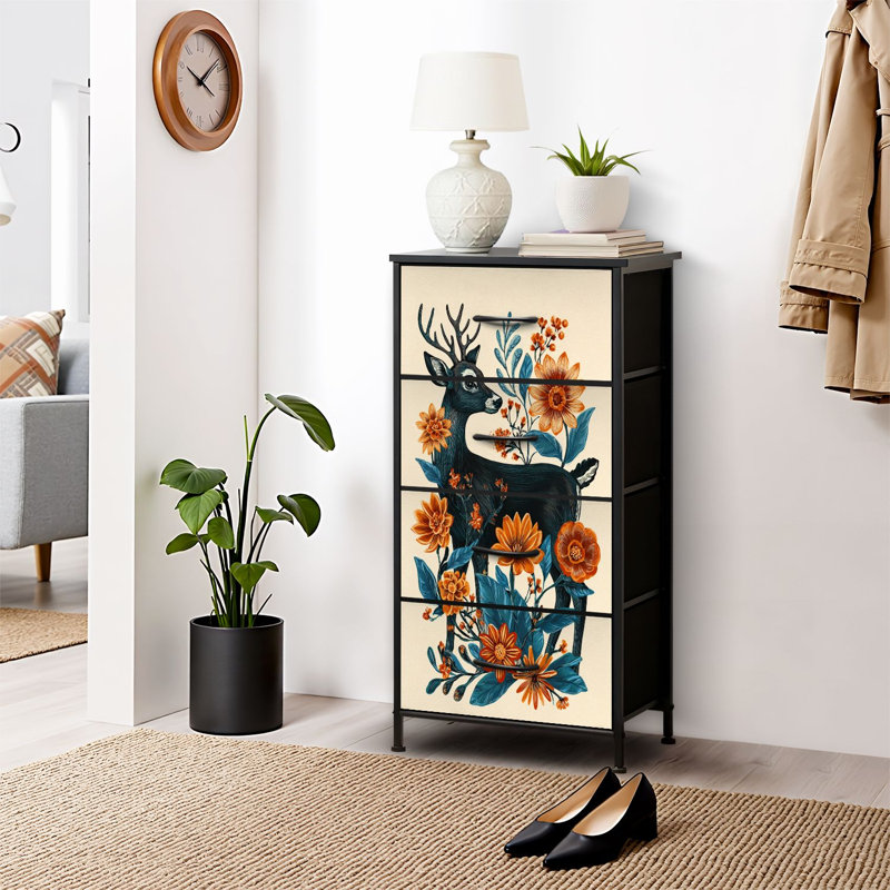Commode 4 tiroirs pour chambre à coucher, commode étroite, plateau en bois et structure en fer de travail 18 po x 37,5 po - (l x H)