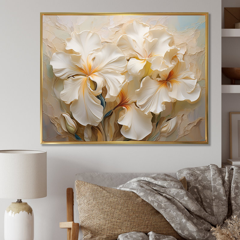 Golden Serenade of Irises I sur impression sur toile, Cadre flottant doré, H 16 po x l 32 po