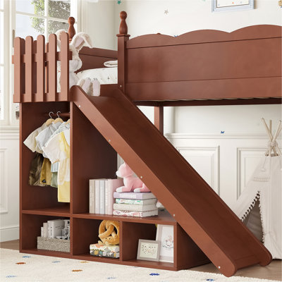Lit mezzanine simple avec tablettes de rangement et garde-robe, lits mezzanine en bois massif avec glissières et échelles détachables, aucune boîte à ressorts nécessaire, naturel profond (protection par brevet)