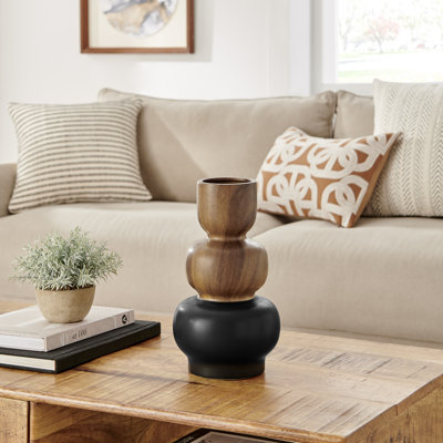 Masanari Kande Carafe Modern Two Tone Tabletop Vase - Black And Walnut - Small