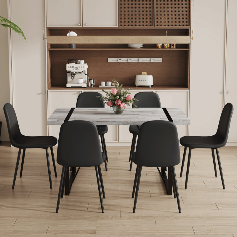 Minimalist Retro Dining Table Set With Textured Top And 6 Upholstered Chairs