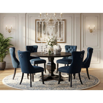 7 Piece Dining Table Set Includes a 48" Round Table with Pedestal and 6 Navy Blue Polyester Fabric Upholstered Chairs, Sand Blasted Black