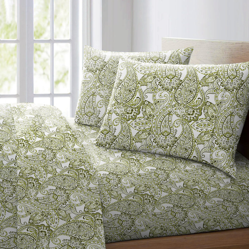 Ensemble de draps 100% coton Pointehaven, Green Paisley, Queen Sheet Set