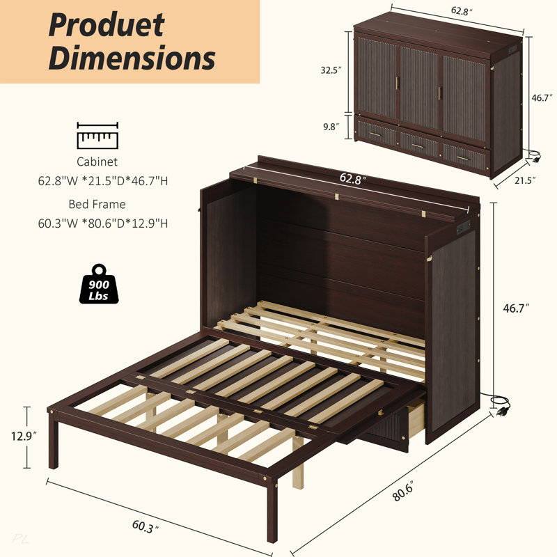 Armoire murale multifonctionnelle avec station de charge USB, lit escamotable vertical grand format avec tiroirs, lit escamotable mural peu encombrant avec verrou de sécurité et dispositif anti-basculement