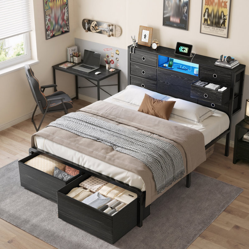 Modern Storage Bed Frame with LED Headboard, USB Charging & Under-Bed Drawers - Full/Queen/King Size, Black, Full