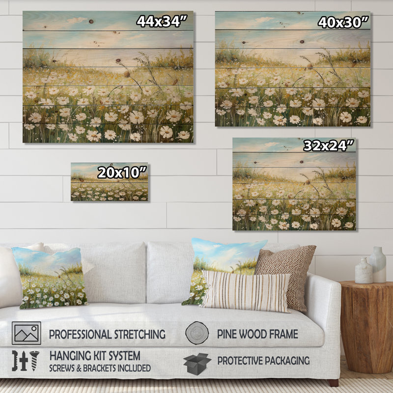 Fleurs de marguerites au soleil - Champ de fleurs, art mural sur bois de pin naturel, H 10 po x l 20 po