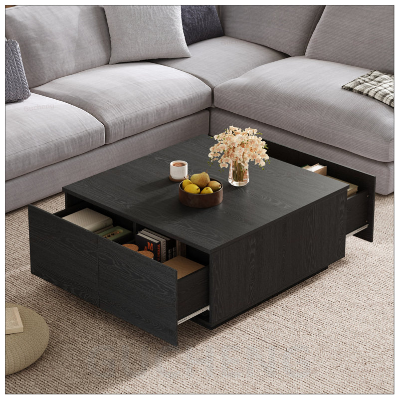 Table basse carrée avec 4 tiroirs, rangement spacieux, finition classique et fabrication en bois robuste pour les salons modernes