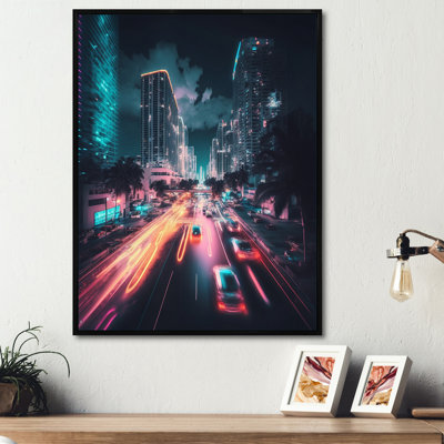 «Futuristic Miami Neon Art VI», art mural sur toile Cityscapes