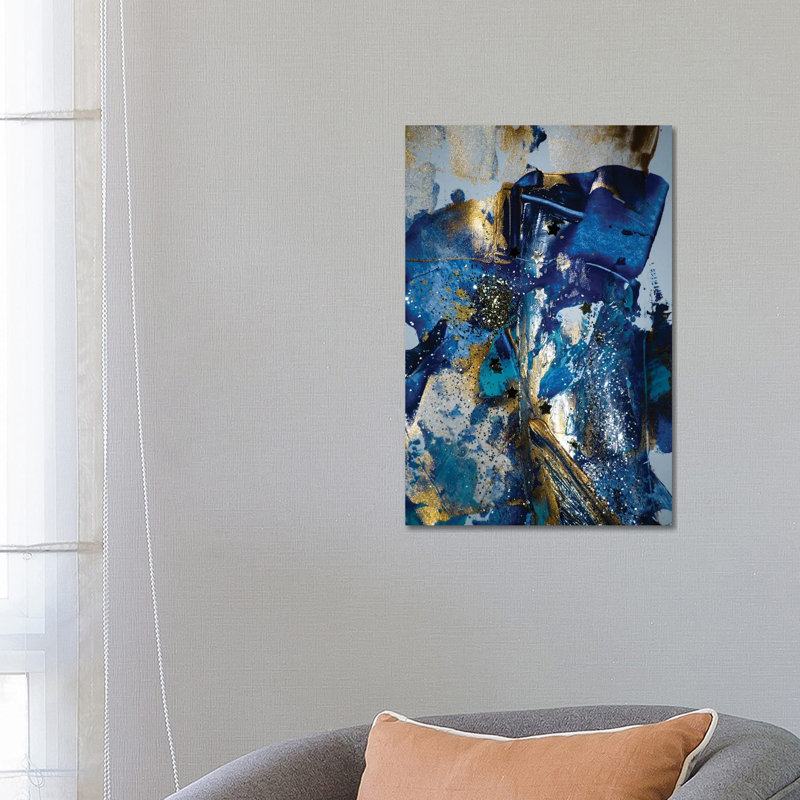 Blue And Gold Paint With Sequins - Wrapped Canvas Print