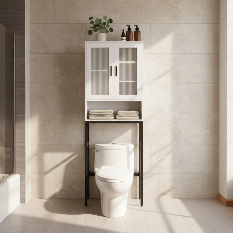 Over The Toilet Storage Cabinet, Freestanding Bathroom Organizer With Tempered Glass Doors, Space Saving Bathroom Shelf, White