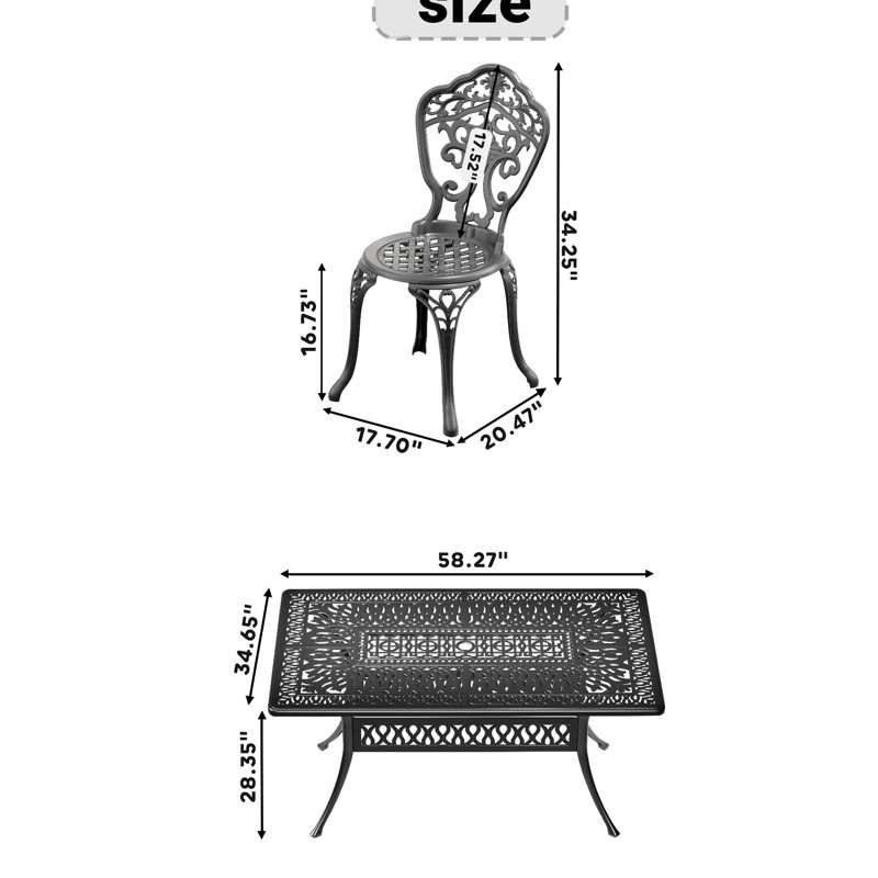 Fonte d'aluminium toutes saisons 7, structure noire, coussin antibruit, ensemble de salle à manger pour 6 personnes, noir, conception ergonomique, capacité de table de 160 lb, 6