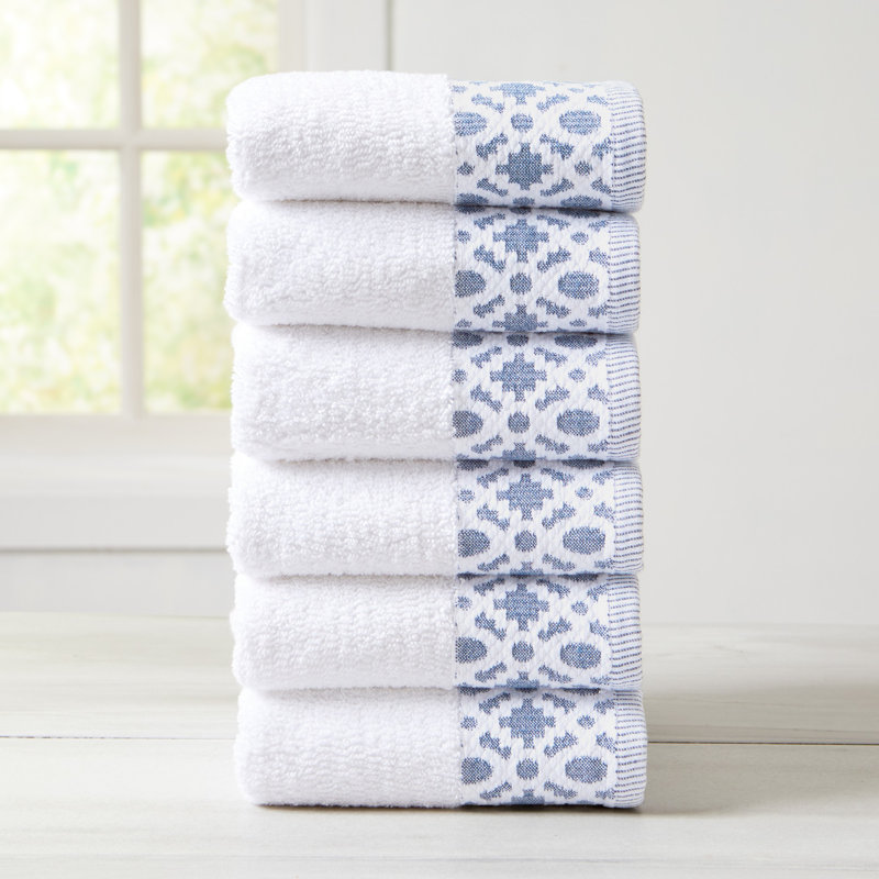 Ensemble 6 serviettes de bain en coton Shalyssa, Blanc / bleu denim