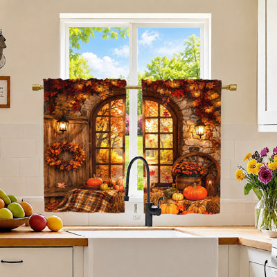2Pcs Autumn Harvest Curtains, Fall Leaves and Pumpkins Print, Light Filtering Privacy Protection, Rod Pocket Design, Rustic Farmhouse Style, for Living Room, Bedroom, Kitchen Home Decor