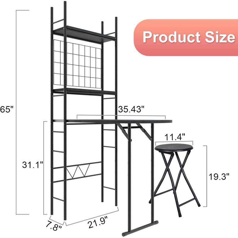 Black 3-Piece Folding Kitchen Table Set with Round Stools