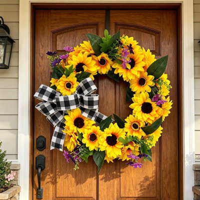 Artificial Sunflower Wreath With Plaid Bow Summer Front Door Wreath Farmstead Decor