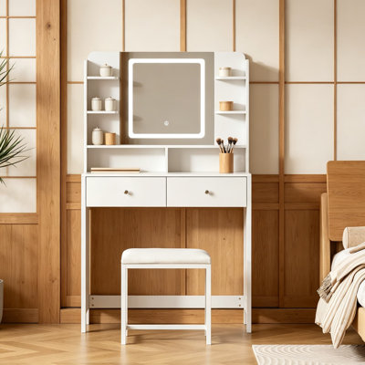 Meuble-lavabo blanc avec miroir lumineux, 8 tablettes, 2 tiroirs, station de recharge, support pour sèche-cheveux et tabouret, miroir à DEL avec 3 modes d'éclairage