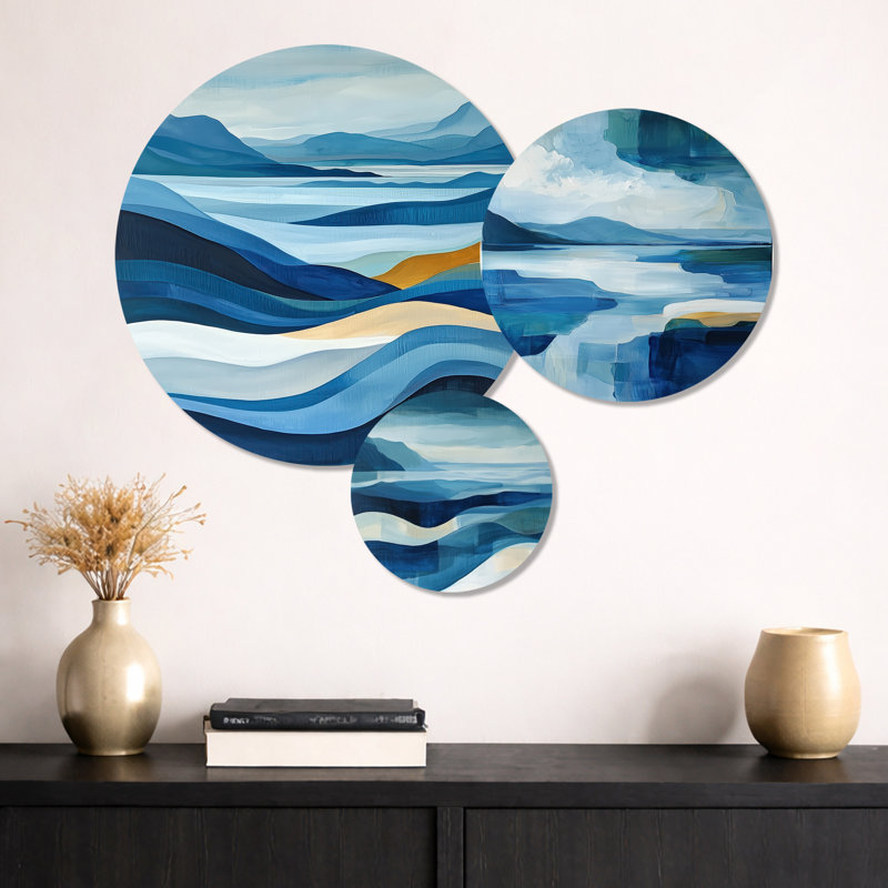 «Blue Ethereal Coastal Horizon I - Abstract Landscape», art mural en métal 3 pièces