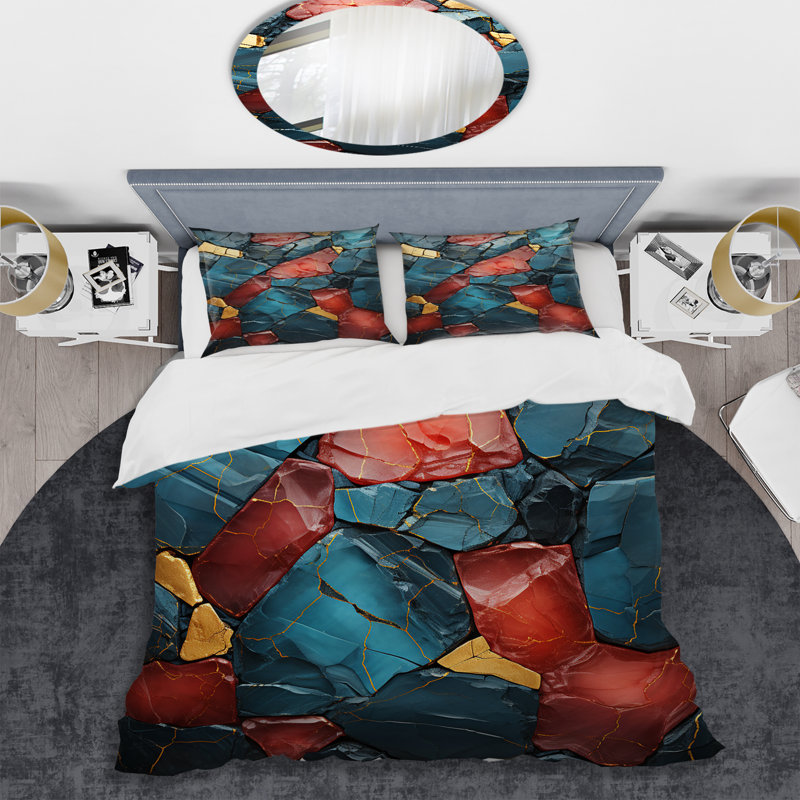 Ensemble de housse de couette en marbre bleu et rouge Elegance II, Housse de couette pour lit simple + 1 taie décora