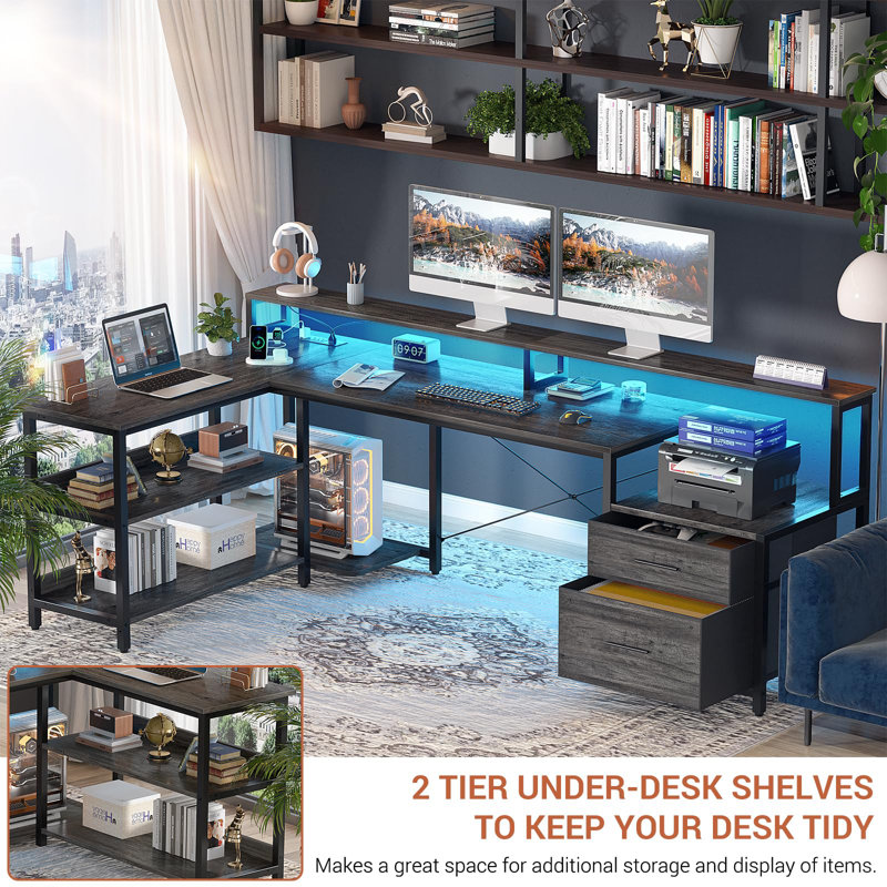 Joinvil L-Shaped Computer Desk  with Drawers and Monitor Shelf, Gaming Desk with RGB LED Lights & USB Ports, Gray