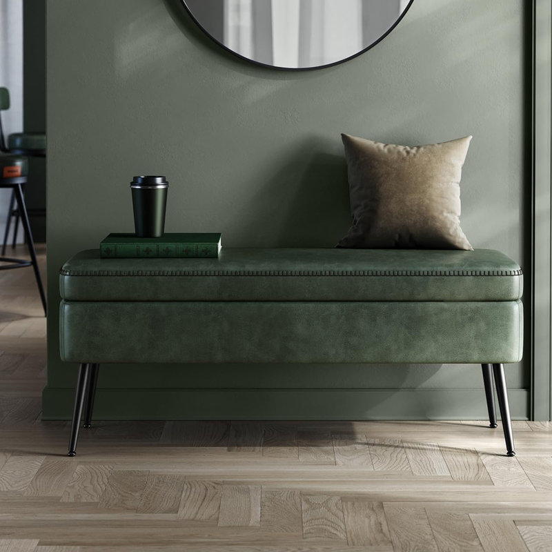 Khailah Faux Leather Upholstered Storage Bench, Green