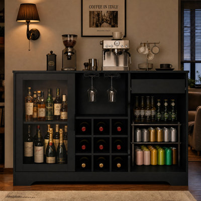 47.2 in. W x 23.6 in. D x 30.7 in. H Engineered Wood Bar Cabinet with LED Lights, 9 Wine Racks, 2 Glass Holders, Farmhouse Coffee Bar Sideboard for Living Room Dining Room Home Bar, Black