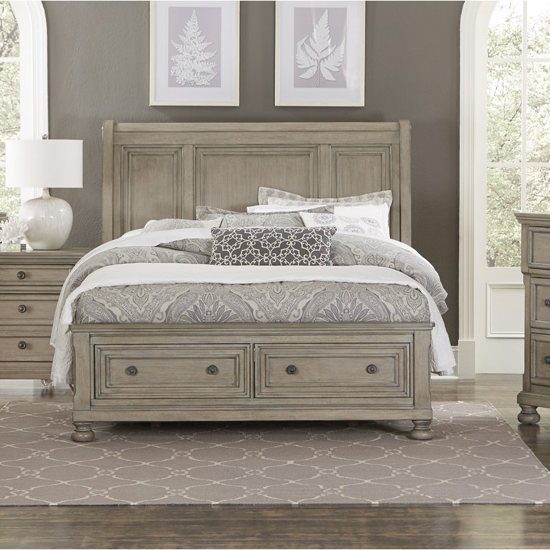 Alek Transitional Storage Platform Bed with Dovetail Footboard Drawers, Queen, Wire Brushed Gray