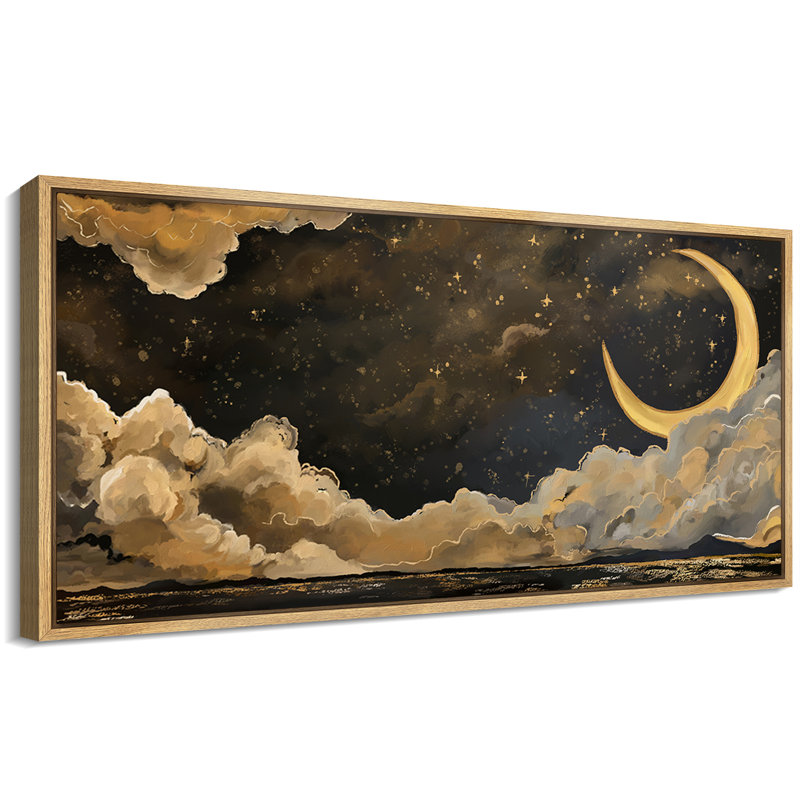 Moody Yellow Crescent Moon Night Clouds Home Decor Extra Large Picture Framed Canvas Print Wall Art, 30" H x 60" W, Natural