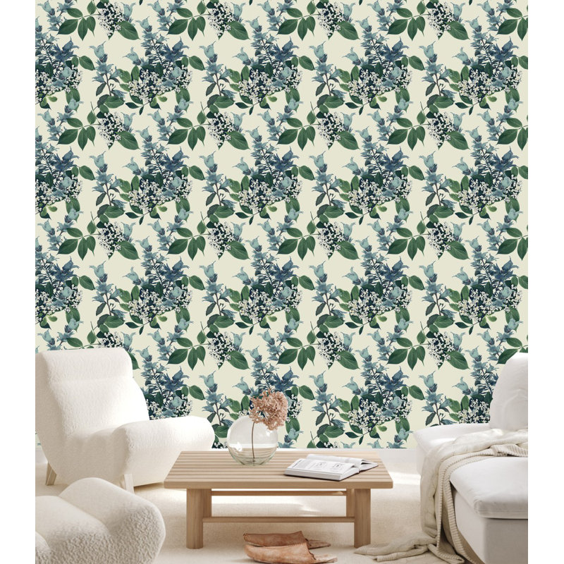 Panneau de papier peint feuilles et fleurs, L 2,08 pi x L 10,42 pi