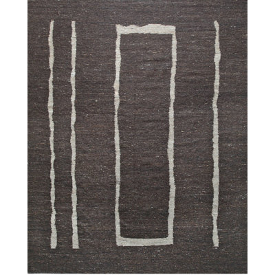 Brown Handwoven Wool Linear Frame Motif Geometric Modern Contemporary Carpet Rug