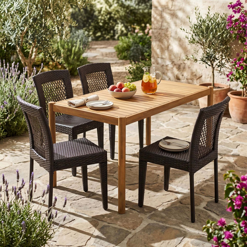 Ensemble complet de salle à manger d'extérieur 5 pièces avec table en acacia durable et chaises en rotin PE respirant